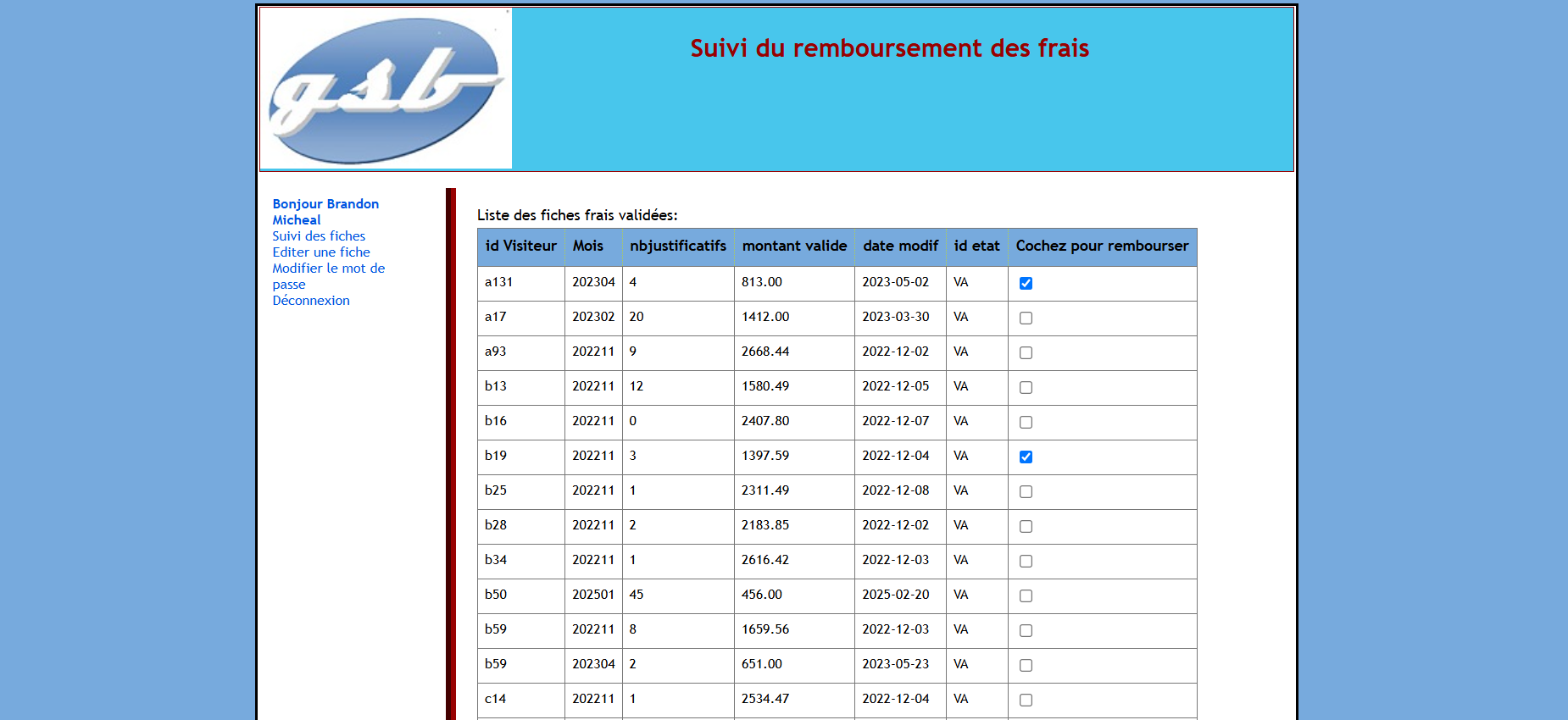 Suivi de la liste des fiches à valider