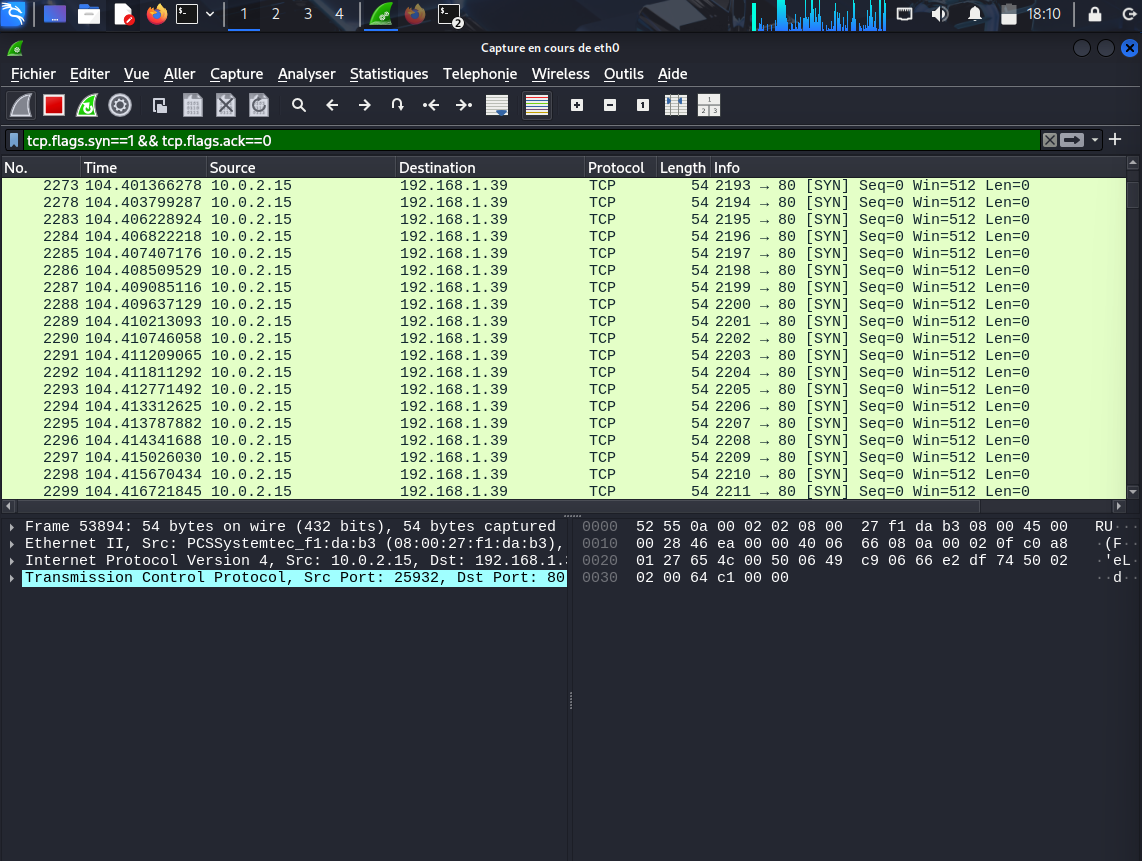 Capture de l'envoi de paquets vers la cible