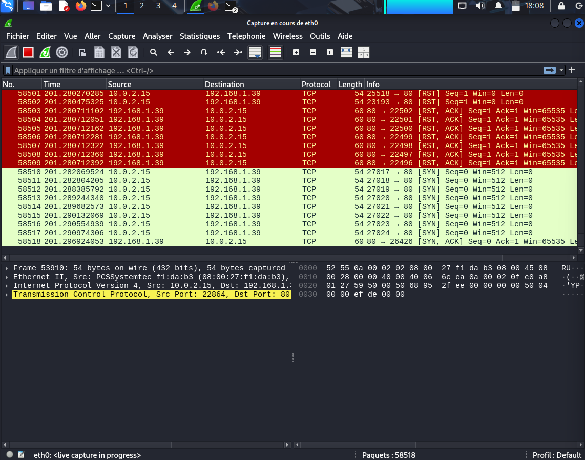 Capture de paquets de l'attaque